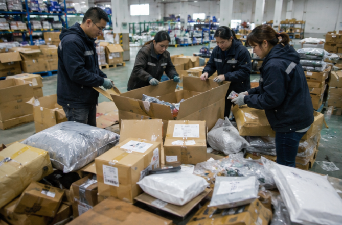 China warehouse staff consolidating multiple supplier packages into fewer cartons