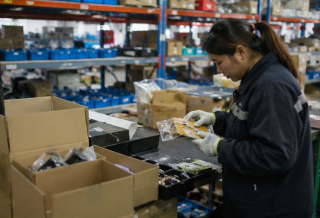 Warehouse worker inspecting and checking products before international shipping