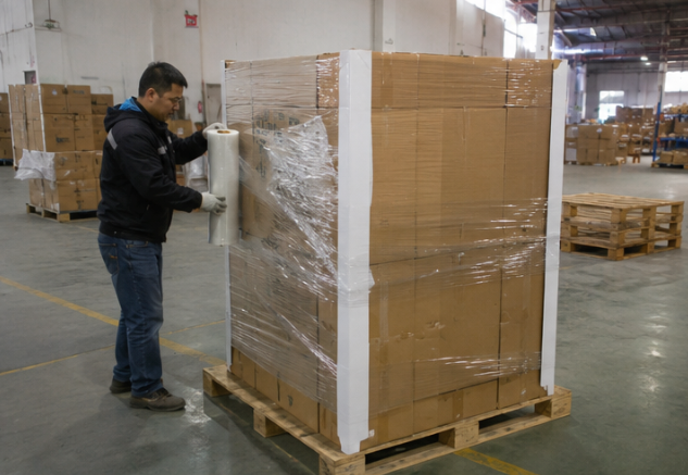 Warehouse worker repacking export cartons with stretch wrap for international shipping