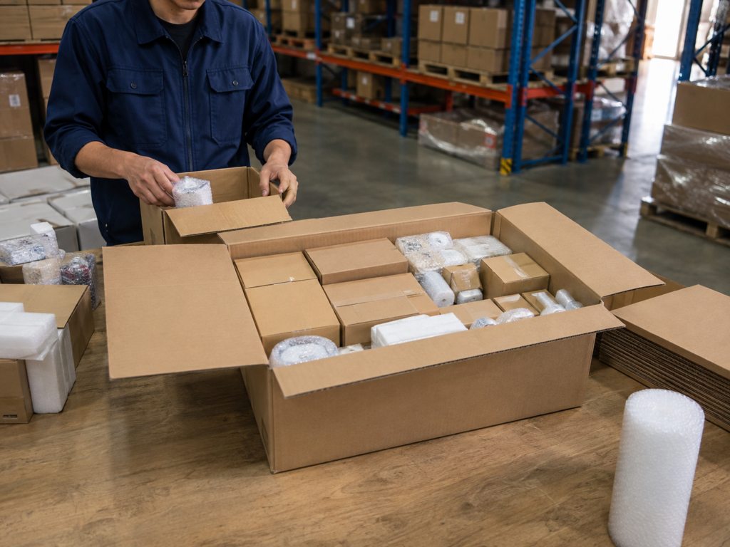 China warehouse staff consolidating and repacking multiple supplier orders for international delivery