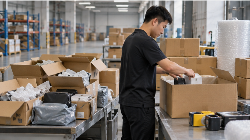 China warehouse worker consolidating and repacking supplier orders