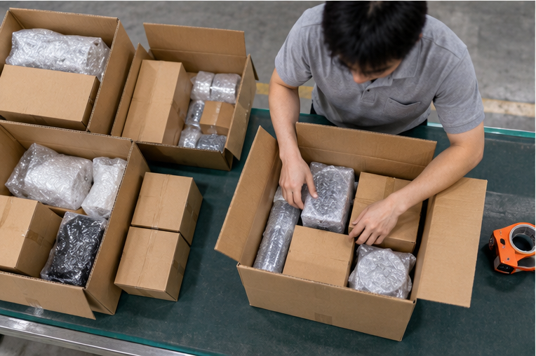 China warehouse worker consolidating and repacking supplier packages
