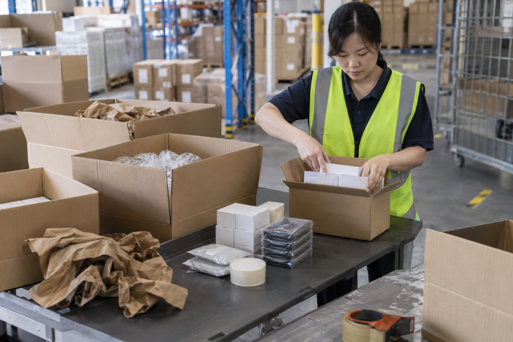 China warehouse worker consolidating supplier parcels and repacking goods into a smaller carton