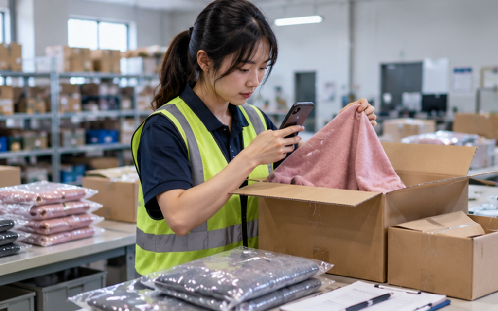 China warehouse worker inspecting and photographing received goods