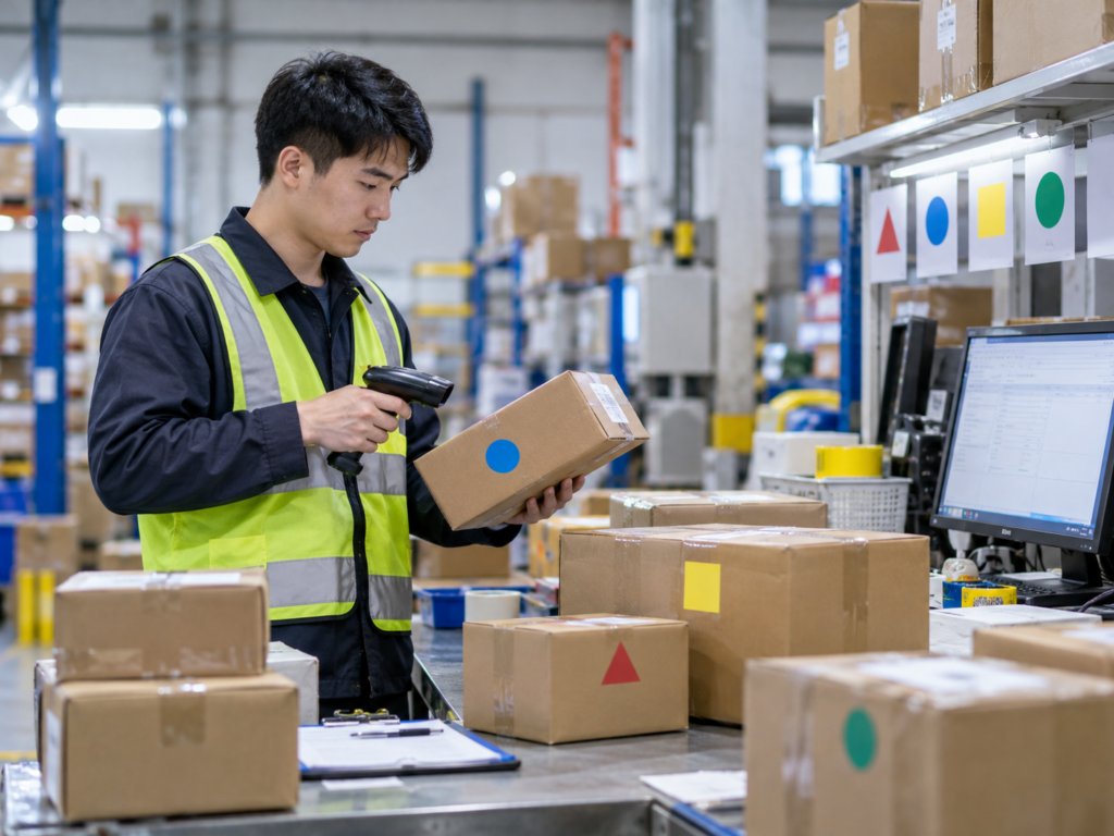 China warehouse worker matching 1688 parcels using tracking information