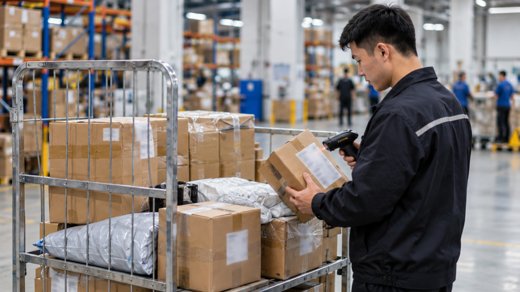 China warehouse worker scanning newly arrived supplier parcels