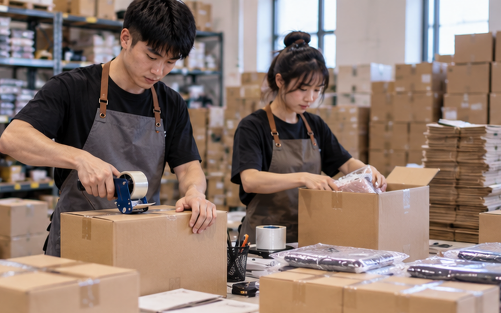 Chinese supplier packing products for domestic delivery to a warehouse