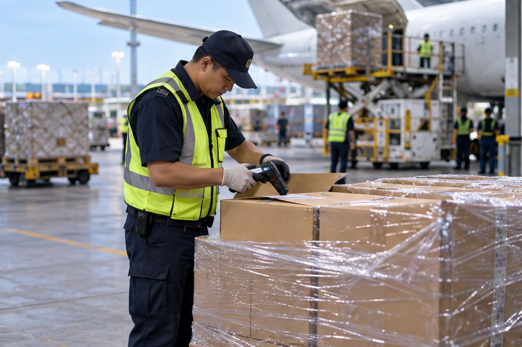 Customs officer inspecting international cargo during DDP customs 