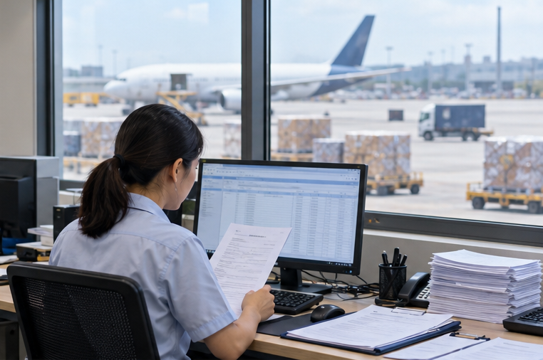 Logistics specialist preparing import documents for DDP customs clearance from China