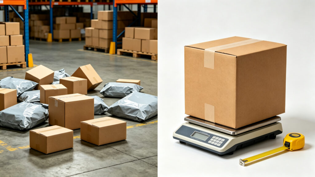 Package consolidation before and after - multiple separate parcels consolidated into one single box, reducing volume for international shipping