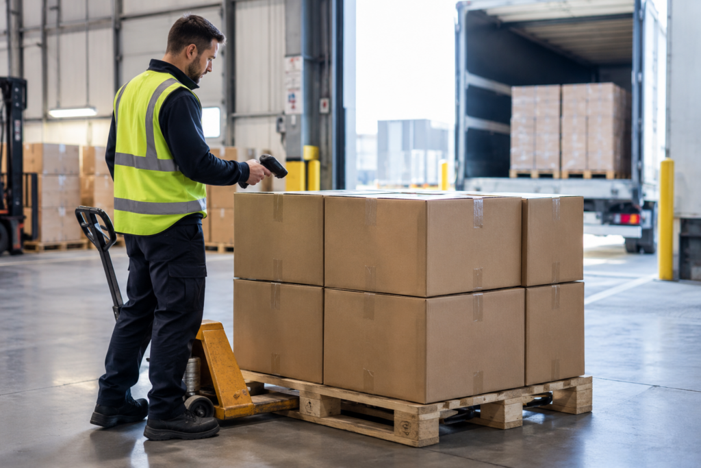 Repacked cartons ready for international shipping after final warehouse handling and scanning