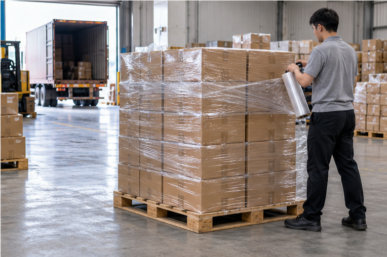 Repacked cartons secured on a pallet for international shipping