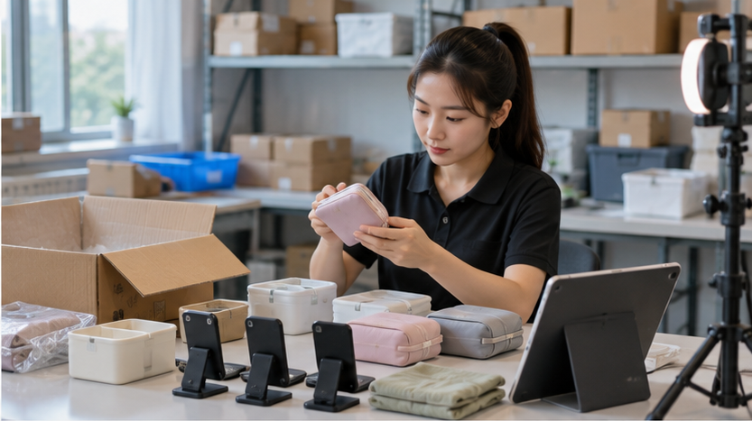 Warehouse staff checking mixed SKU products before international shipping