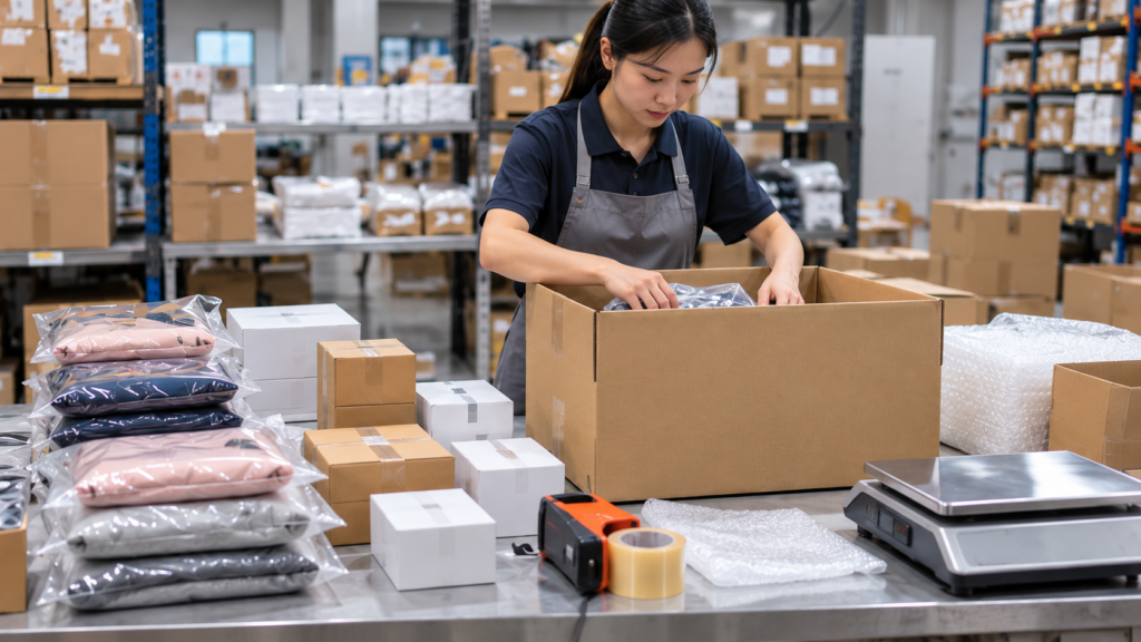 Warehouse staff consolidating multiple 1688 orders into one shipment