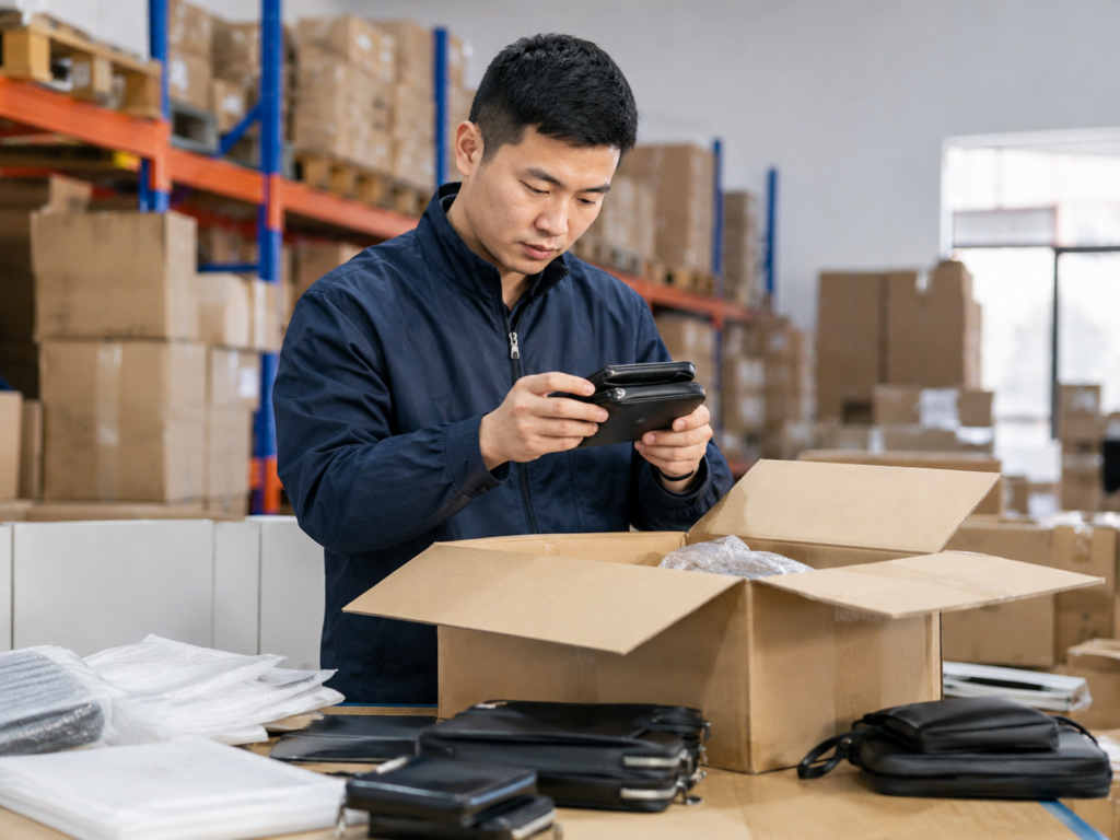 Warehouse staff inspecting products from a Chinese supplier before international shipping