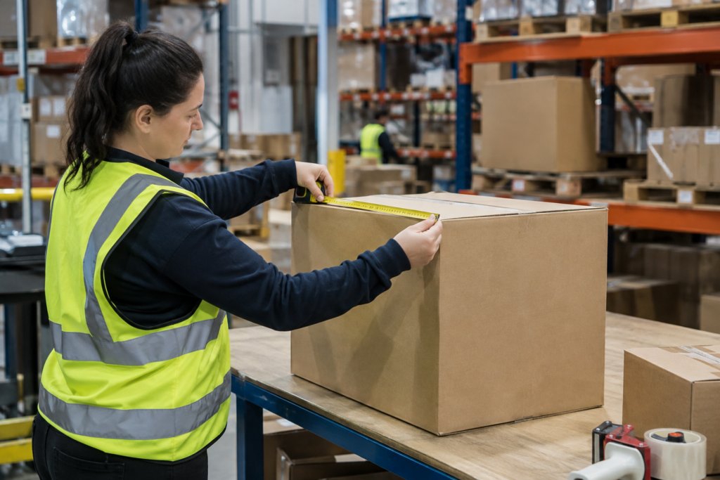 Warehouse staff measuring carton dimensions to calculate volumetric and chargeable weight