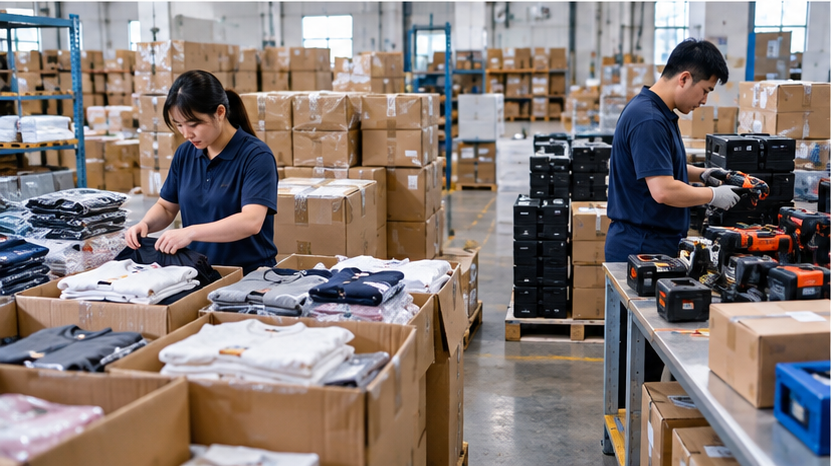 Warehouse staff separating clothing and battery-powered products for different international shipping routes
