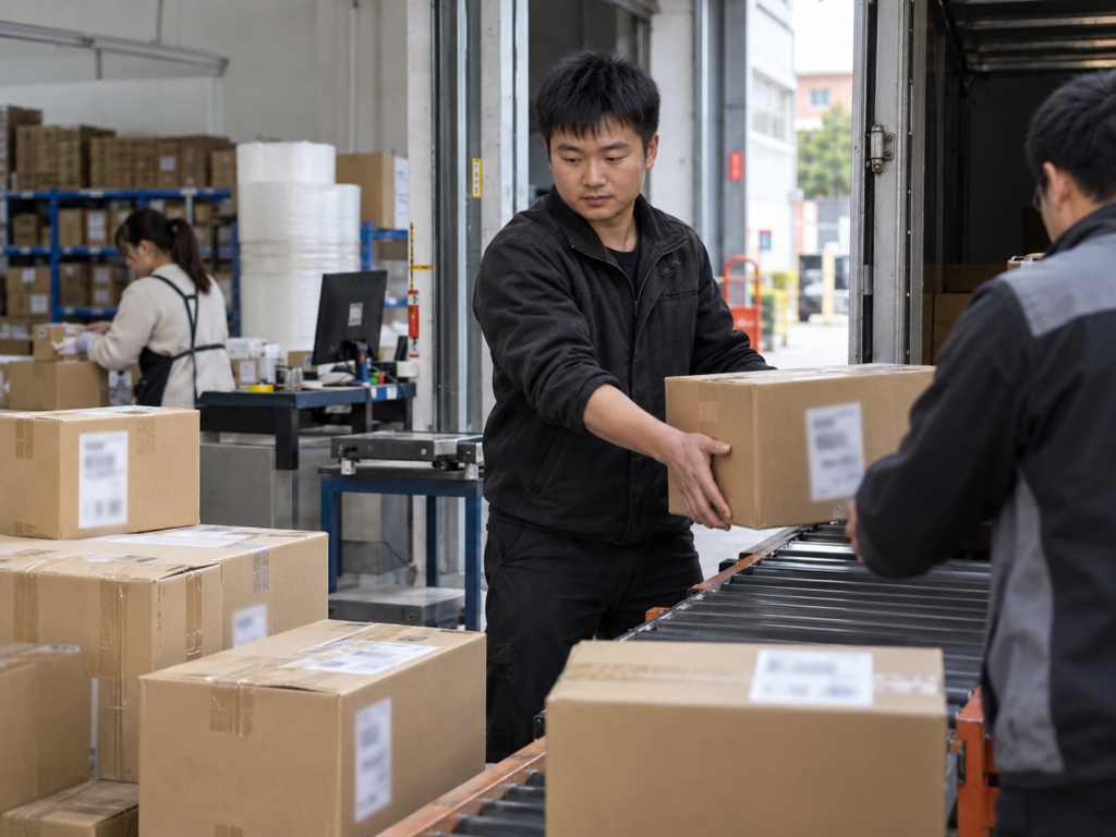 Warehouse worker checking parcels from multiple 1688 suppliers