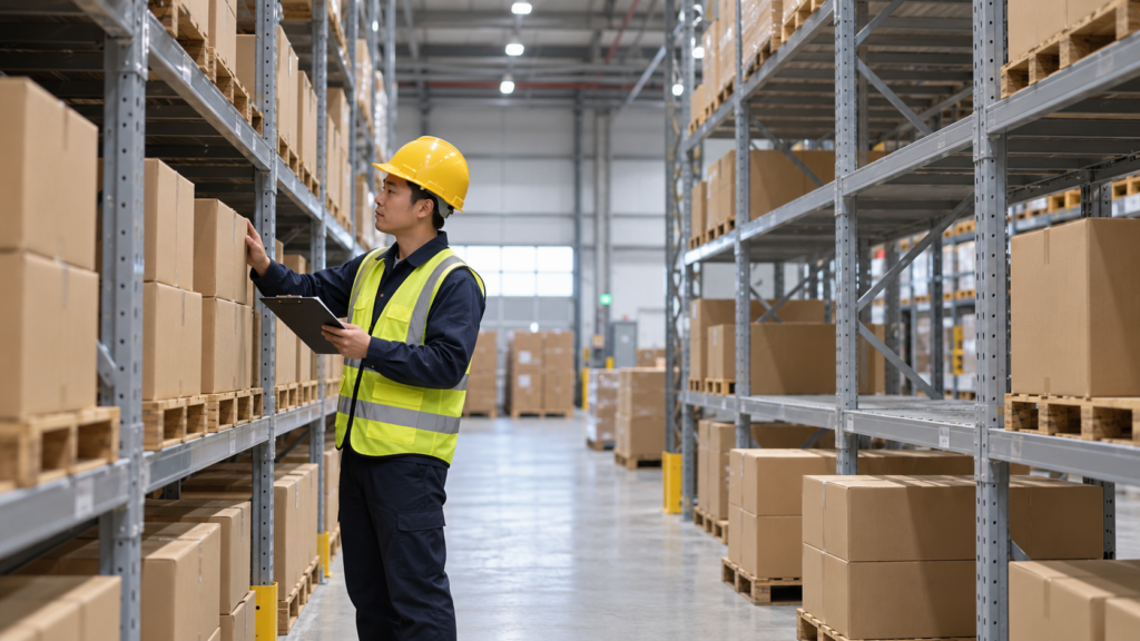 Warehouse worker checking stored cartons during China warehouse storage