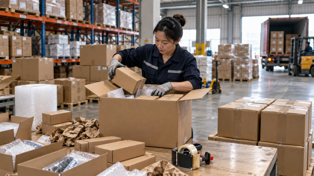 Warehouse worker consolidating and repacking multiple supplier orders for shipping