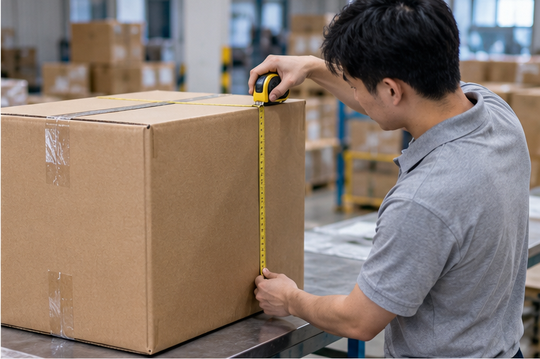 Warehouse worker measuring carton dimensions for volumetric weight calculation