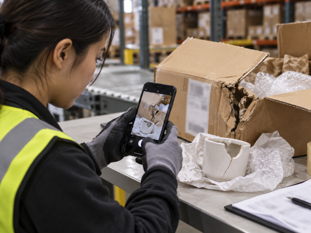 Warehouse worker photographing damaged 1688 goods