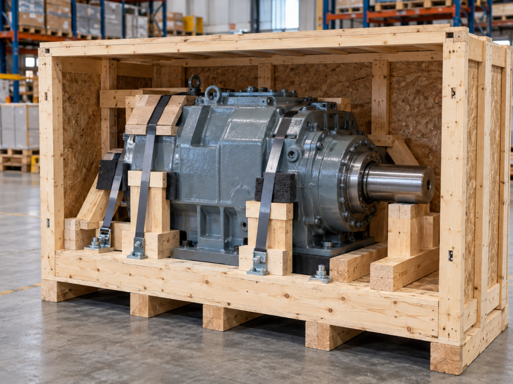 A heavy irregular product secured inside a wooden export crate