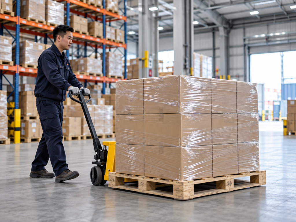 A wrapped pallet of cartons moved safely with a pallet jack