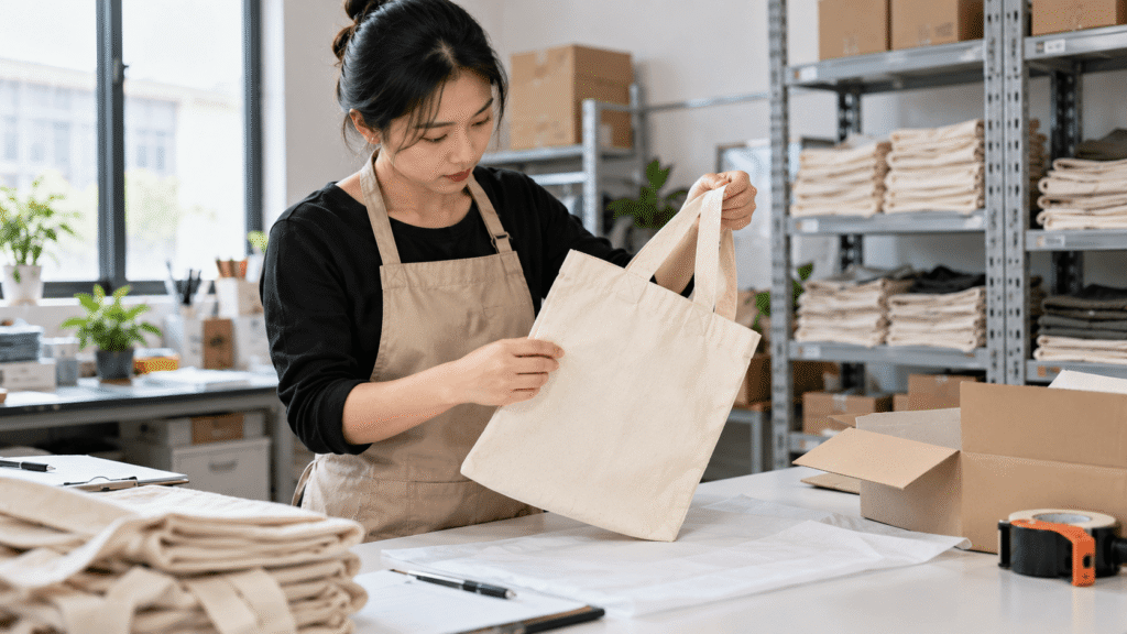 Chinese supplier checking a cotton tote bag sample before shipping