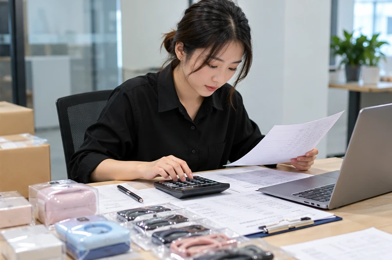 Purchasing agent reviewing 1688 order details and calculating costs before supplier payment