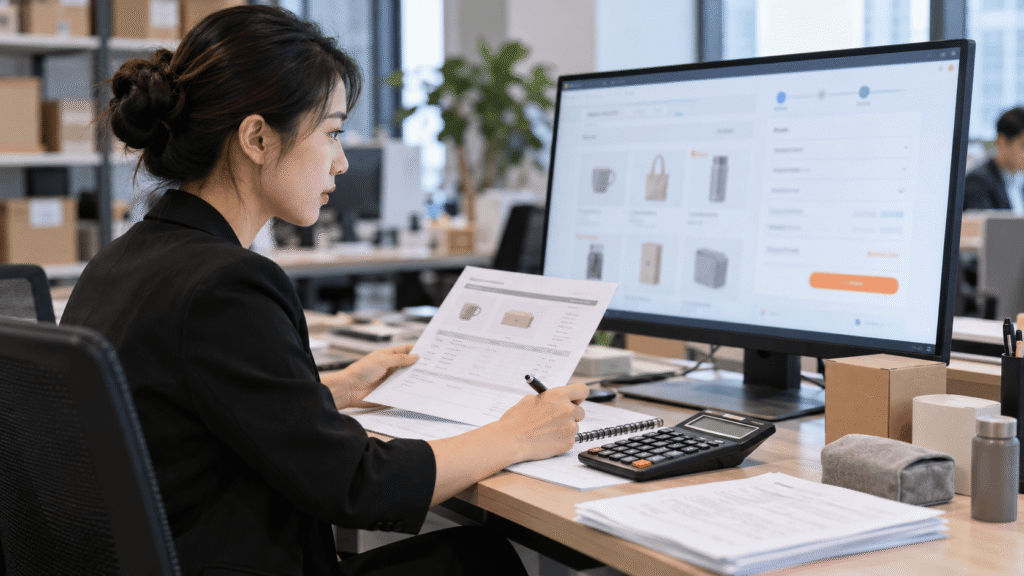Purchasing agent reviewing a 1688 sample order and payment details