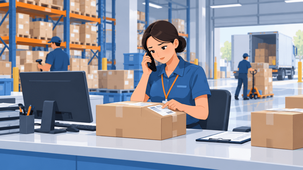 Warehouse staff checking a parcel with incorrect delivery details