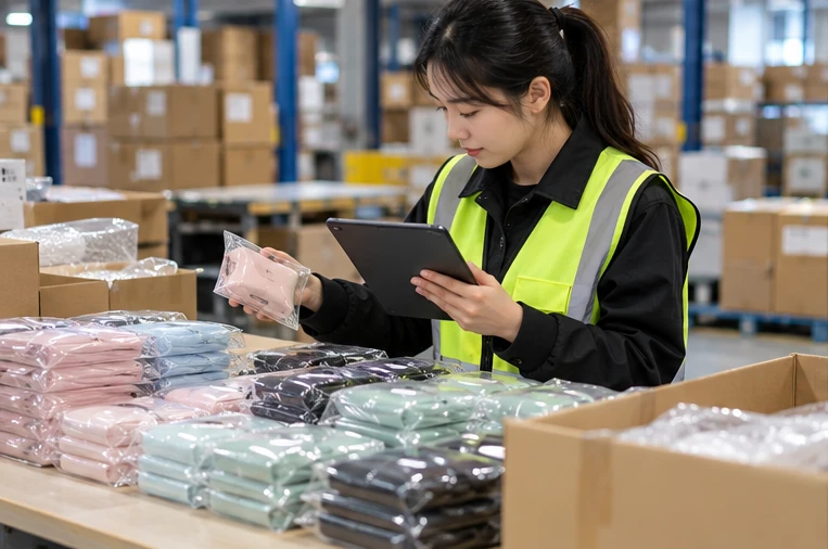 Warehouse worker checking received product quantities and variations against an order