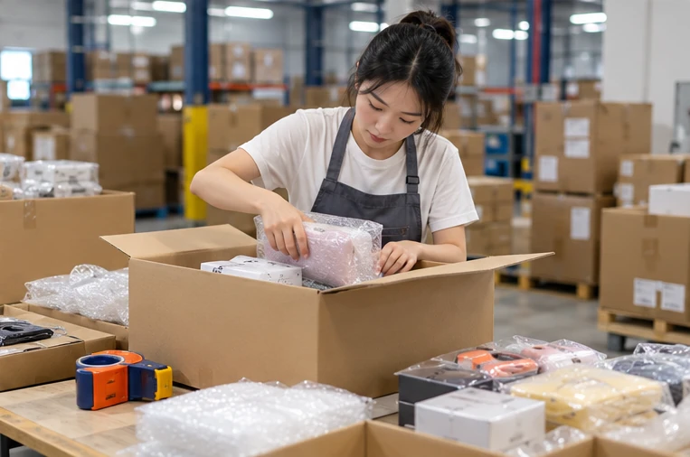 Warehouse worker consolidating and repacking products from multiple suppliers for international shipping
