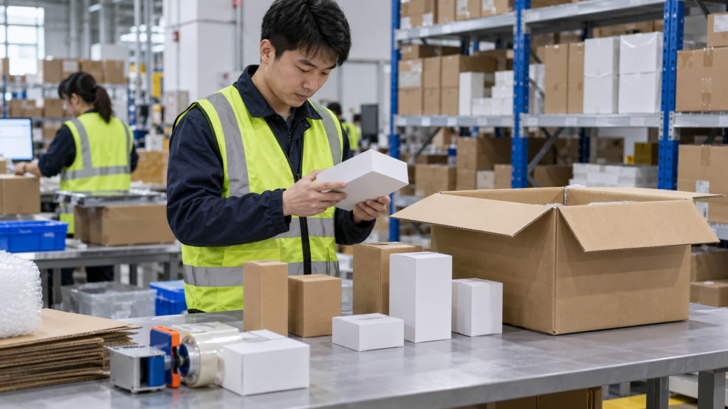 Warehouse worker inspecting a charger and cable secured in the original protective packaging