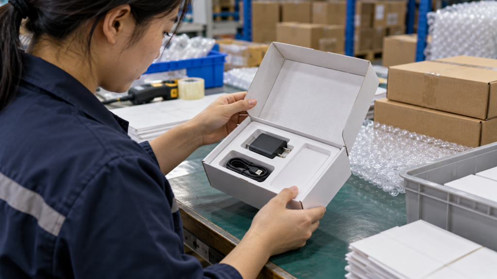 Warehouse worker measuring a packed shipping carton on a scale before international shipping