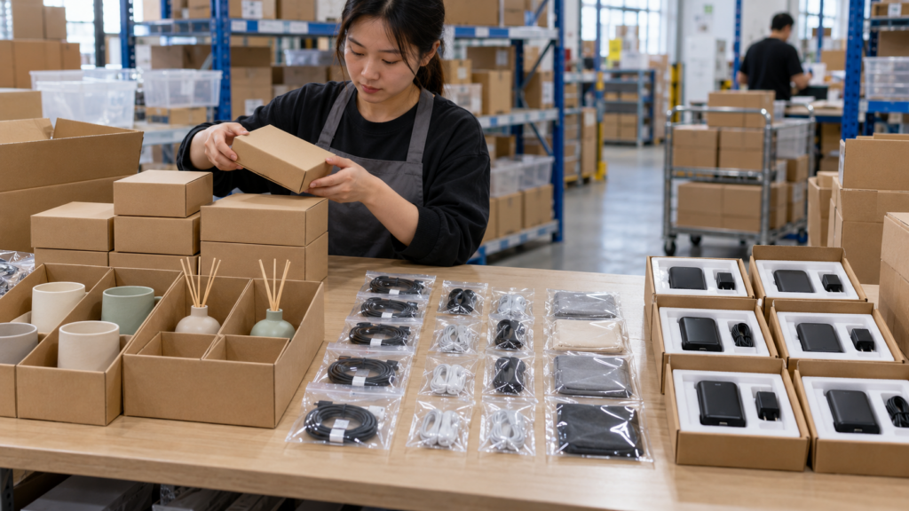 Warehouse worker sorting mixed-SKU 1688 products with different packaging and protection requirements