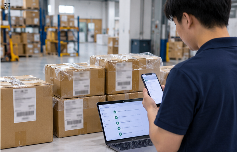Warehouse staff checking multiple parcels and tracking numbers for a 1688 split shipment